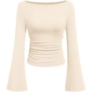 Women’s Long Sleeve Crop Tops 2025 Fall Boat Neck Bell Sleeve Ribbed Y2K Shirts